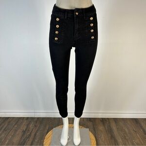 Frank Lyman Black High Rise Sailor Jeans Gold Button Skinny XS Quiet Luxury